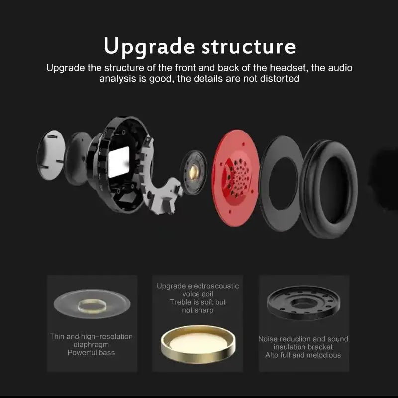 Red and black circular earcup components of a bluetooth headphones wireless over ear rgb stereo gaming headset audio structure