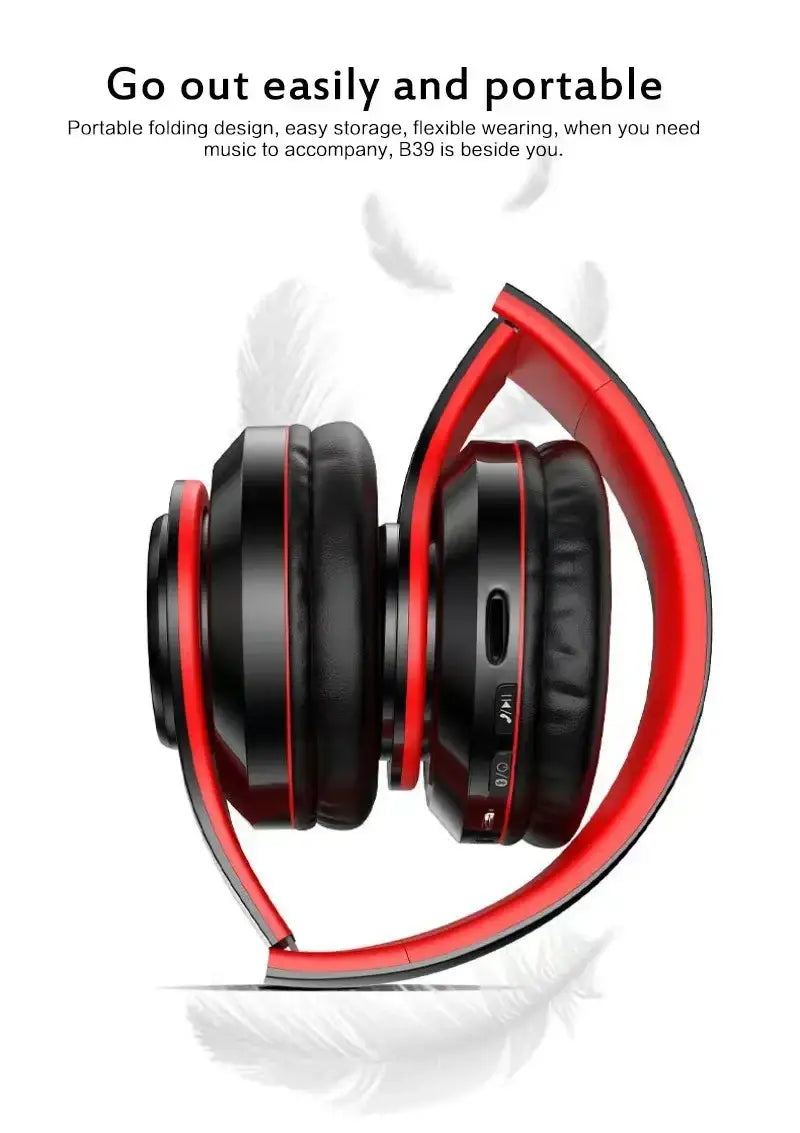 Red and black foldable bluetooth headphones wireless over ear rgb stereo gaming headset with sleek modern design