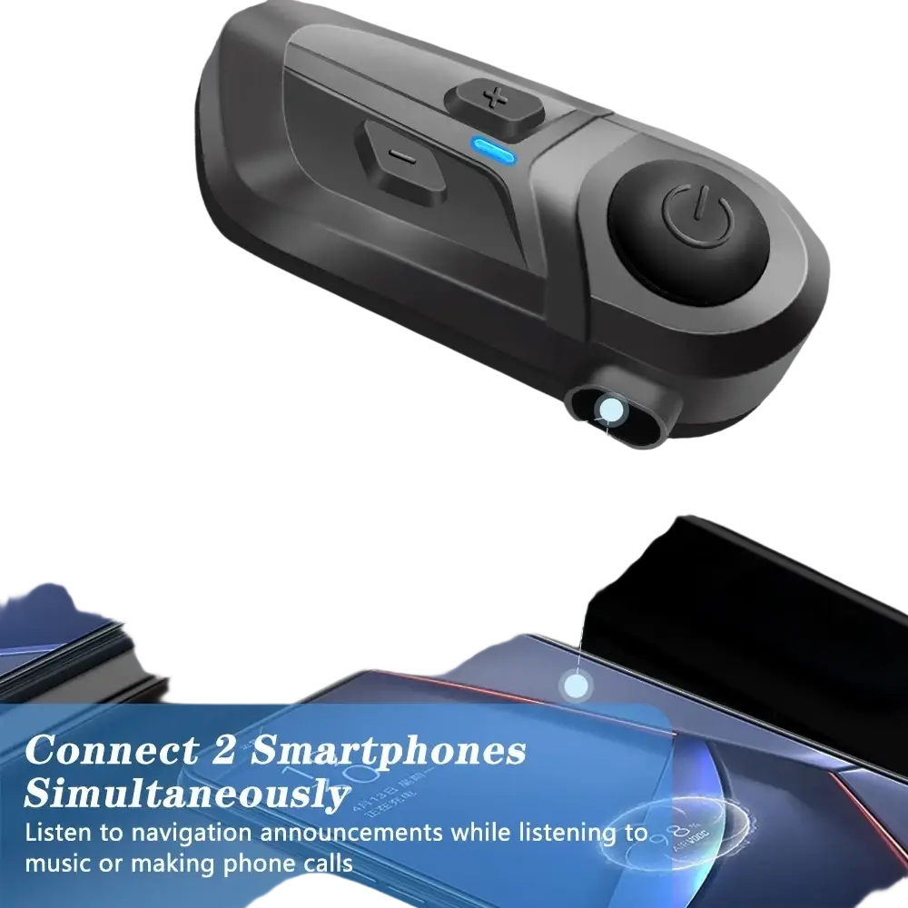 Black and gray dual bluetooth motorcycle intercom with power button volume controls and charging port for helmet communication