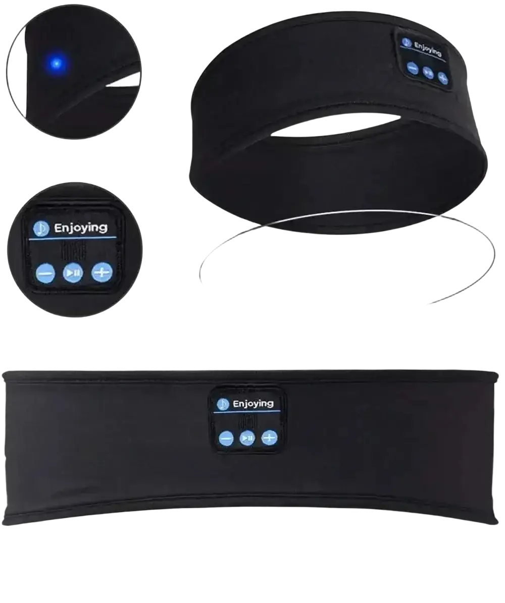 Black bluetooth sleep headband with built-in controls and blue led indicator light for wireless sports use