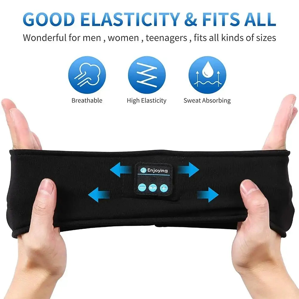 Black elastic bluetooth sleep headband with built-in wireless speakers and control buttons for sports use