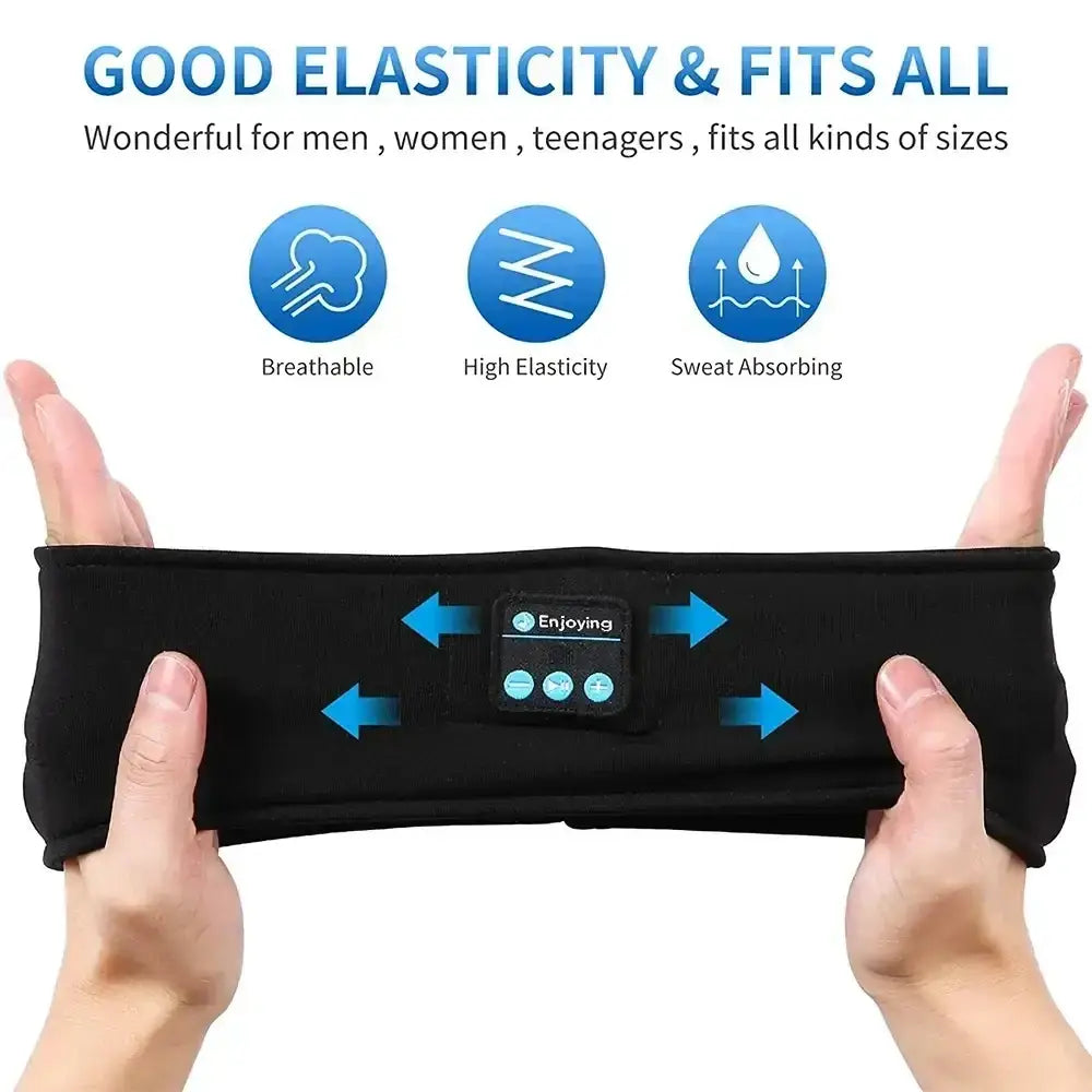 Black elastic bluetooth sleep headband with built-in speaker and control buttons for wireless sports use