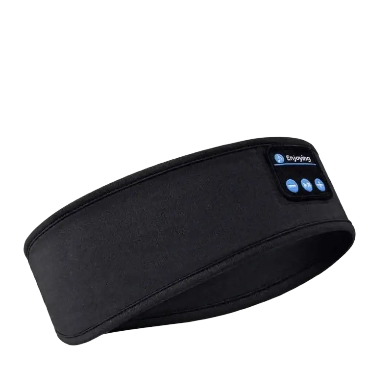Black fabric bluetooth sleep headband with built-in wireless 5.2 speaker and control buttons for sports use