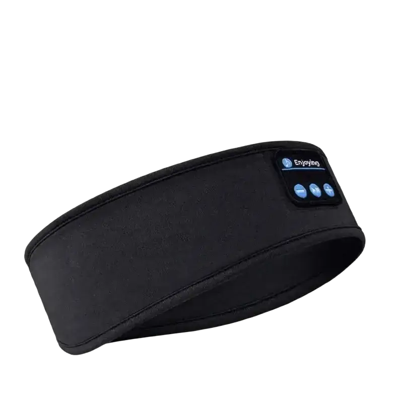 Black fabric bluetooth sleep headband with digital display and control buttons for wireless sports headphones use