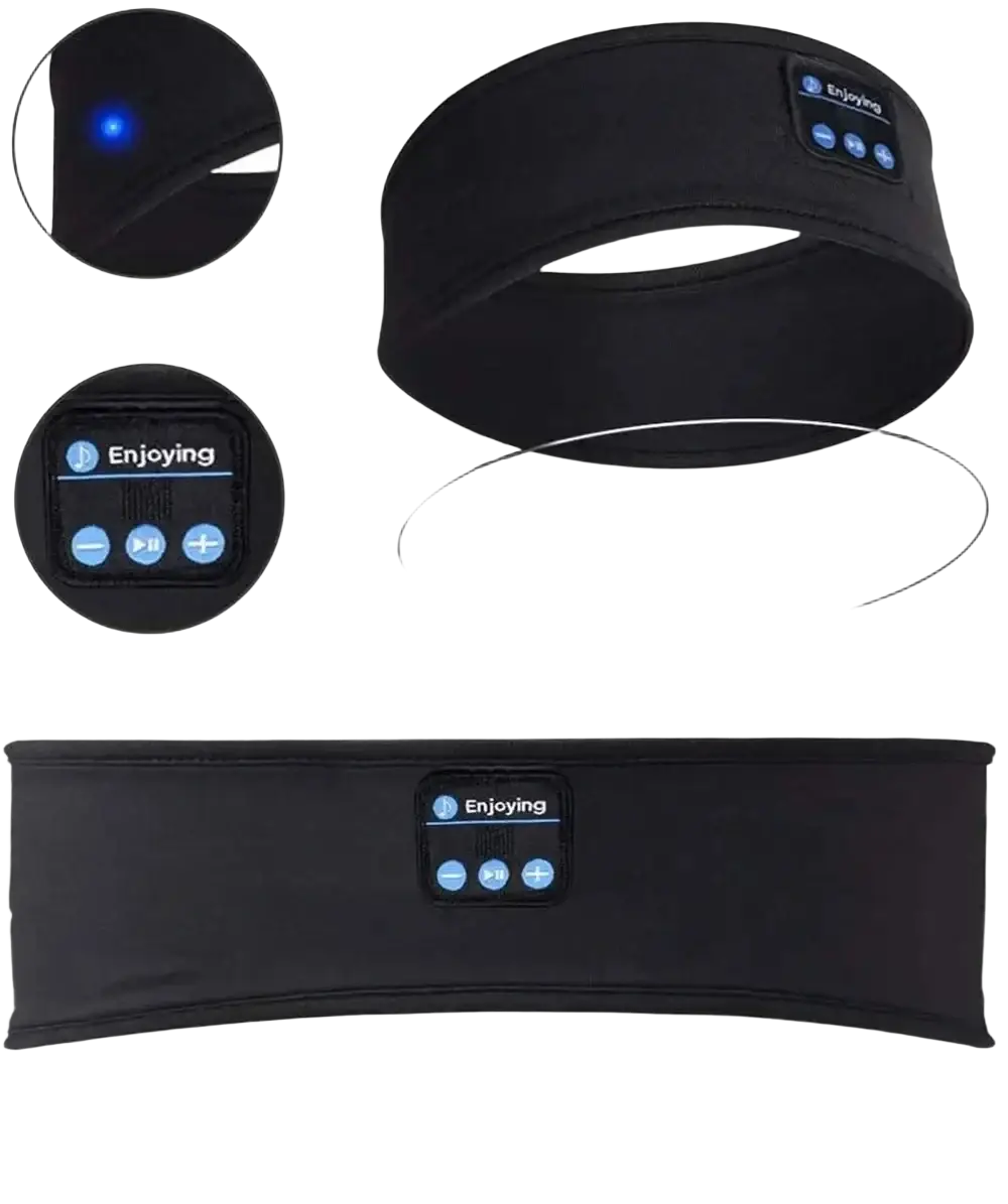 Black fabric bluetooth sleep headband with built-in wireless controls and LED display for sports and sleep use