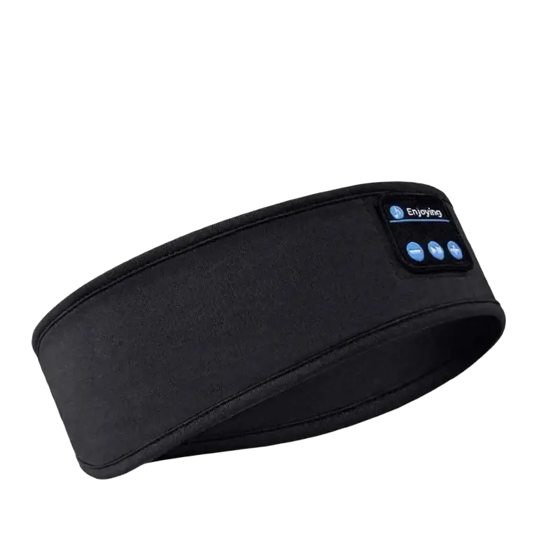 Black fabric bluetooth sleep headband wireless sports headphones with built-in bluetooth 5.0 controls and digital display showing enjoying