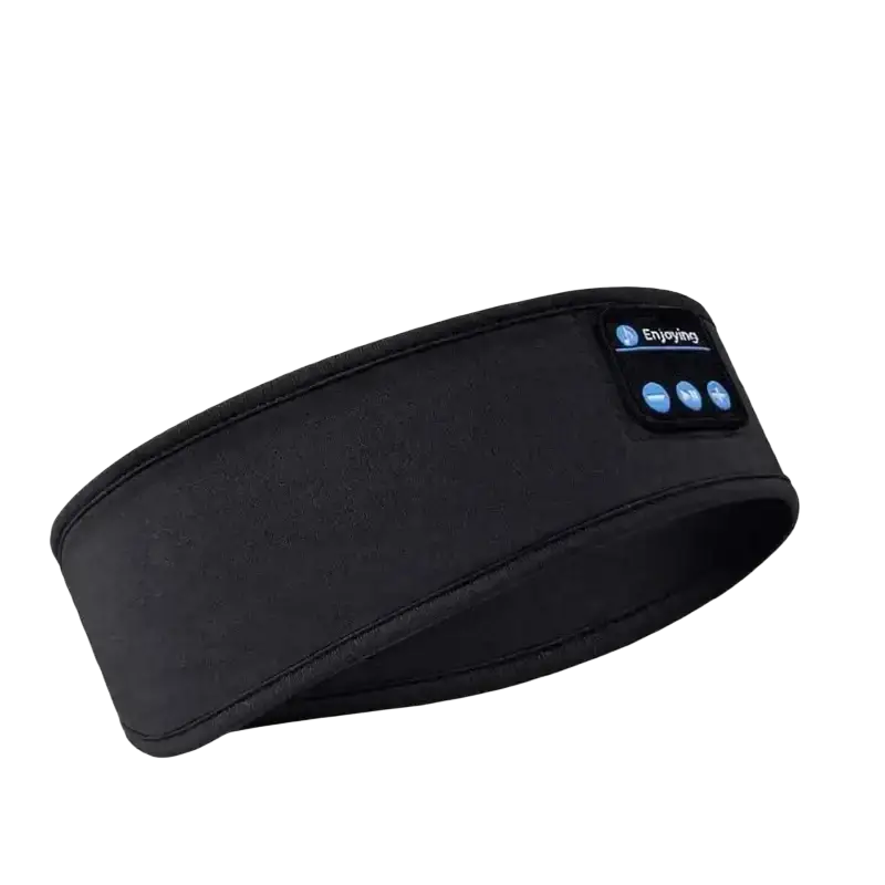 Black fabric bluetooth sleep headband with digital control panel and blue illuminated buttons by enjoying brand
