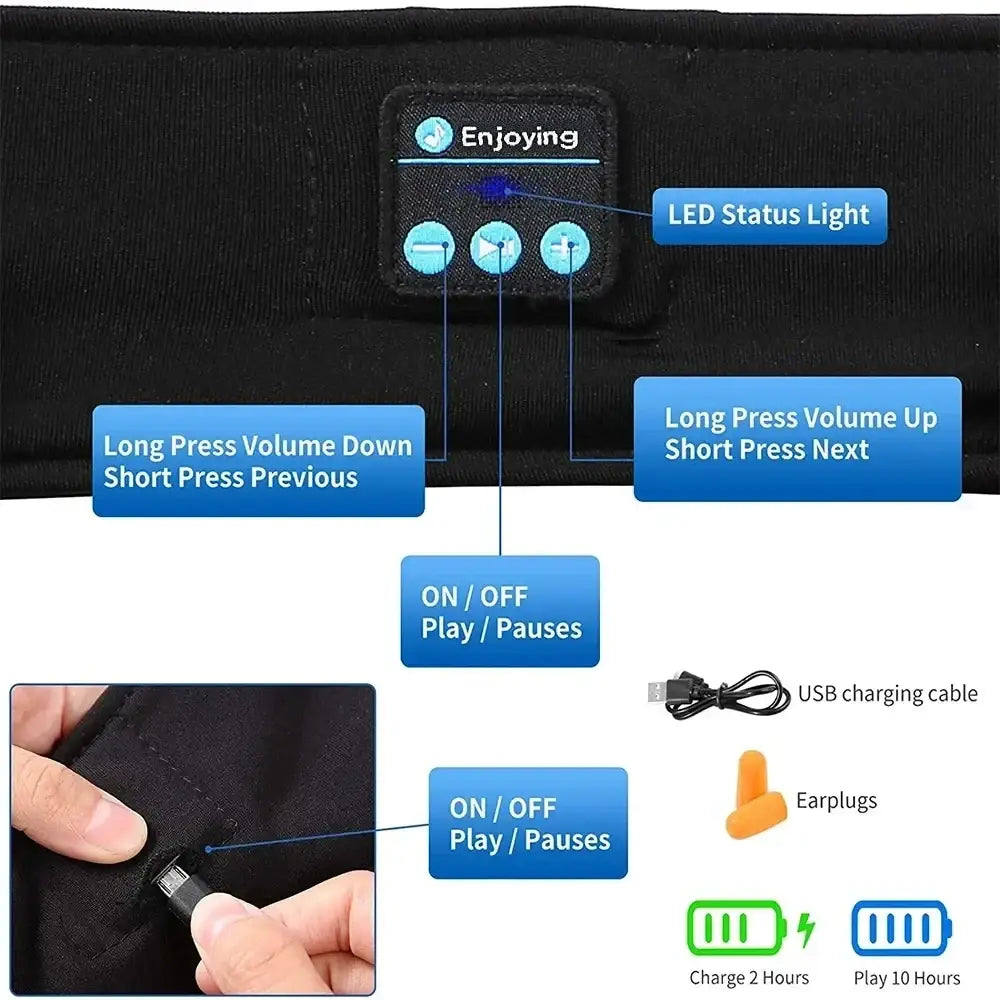 Black fabric waistband of bluetooth sleep headband wireless sports headphones with built-in control panel and blue led light