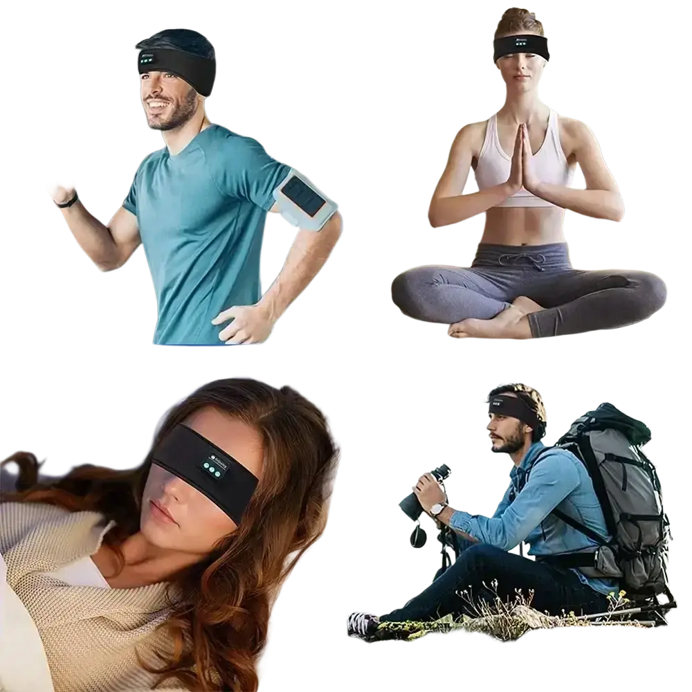 Black fabric bluetooth sleep headband with embedded digital display and control buttons for wireless sleep sports use