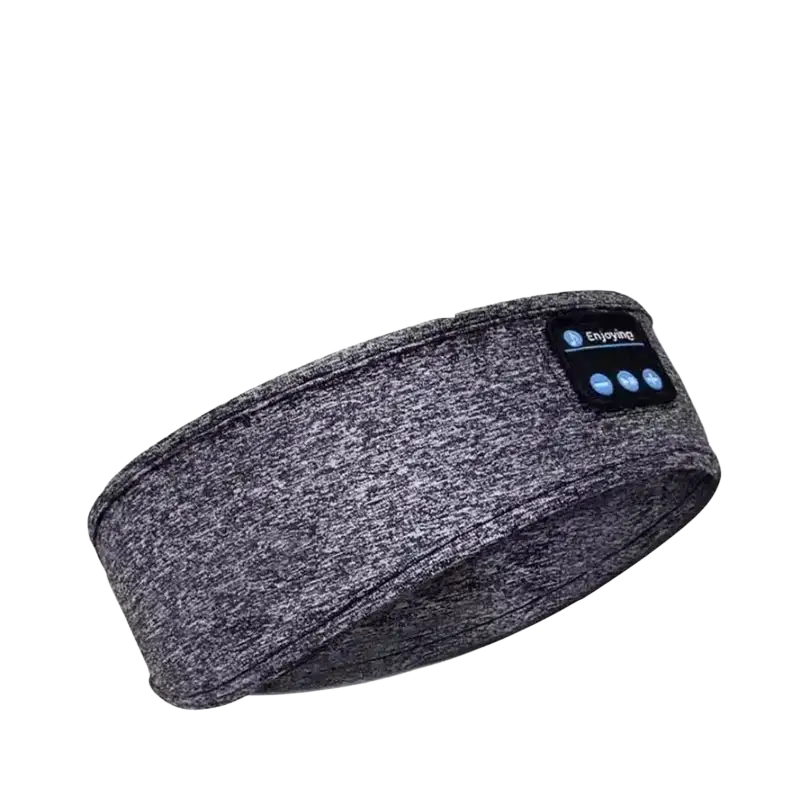 Gray heathered fabric bluetooth sleep headband with black control panel and enjoying logo for wireless sports use