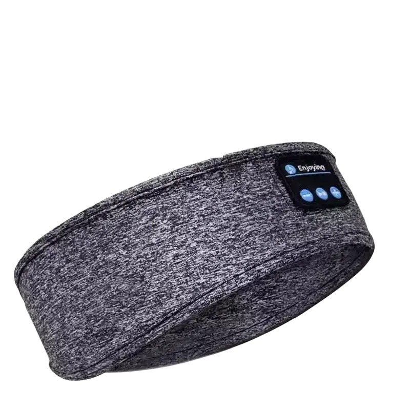 Gray heathered fabric bluetooth sleep headband with black control panel and three blue buttons for wireless sports use