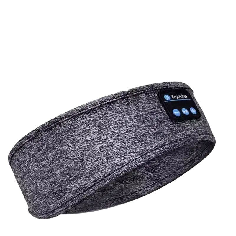 Gray heathered fabric bluetooth 5.2 wireless sleep headband with black control panel and blue buttons for sports use