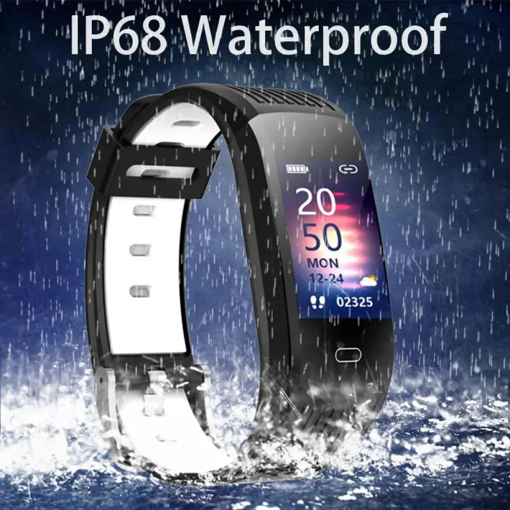 Black and white Arbaglobal waterproof color screen fitness tracker with IP68 rating showing time date steps and weather