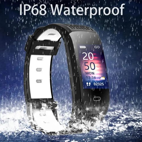 Black and white Arbaglobal waterproof color screen fitness tracker with IP68 rating showing time date steps and weather