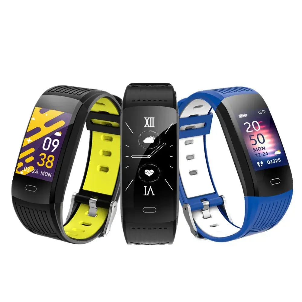 Three Arbaglobal waterproof color screen fitness trackers with black rectangular screens and colorful silicone bands