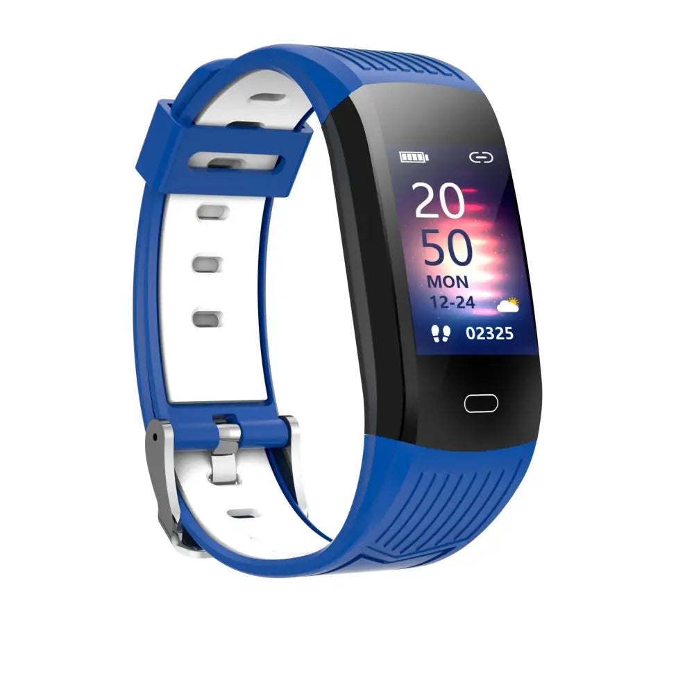 Blue and white silicone arbaglobal waterproof color screen fitness tracker displaying time date weather and steps