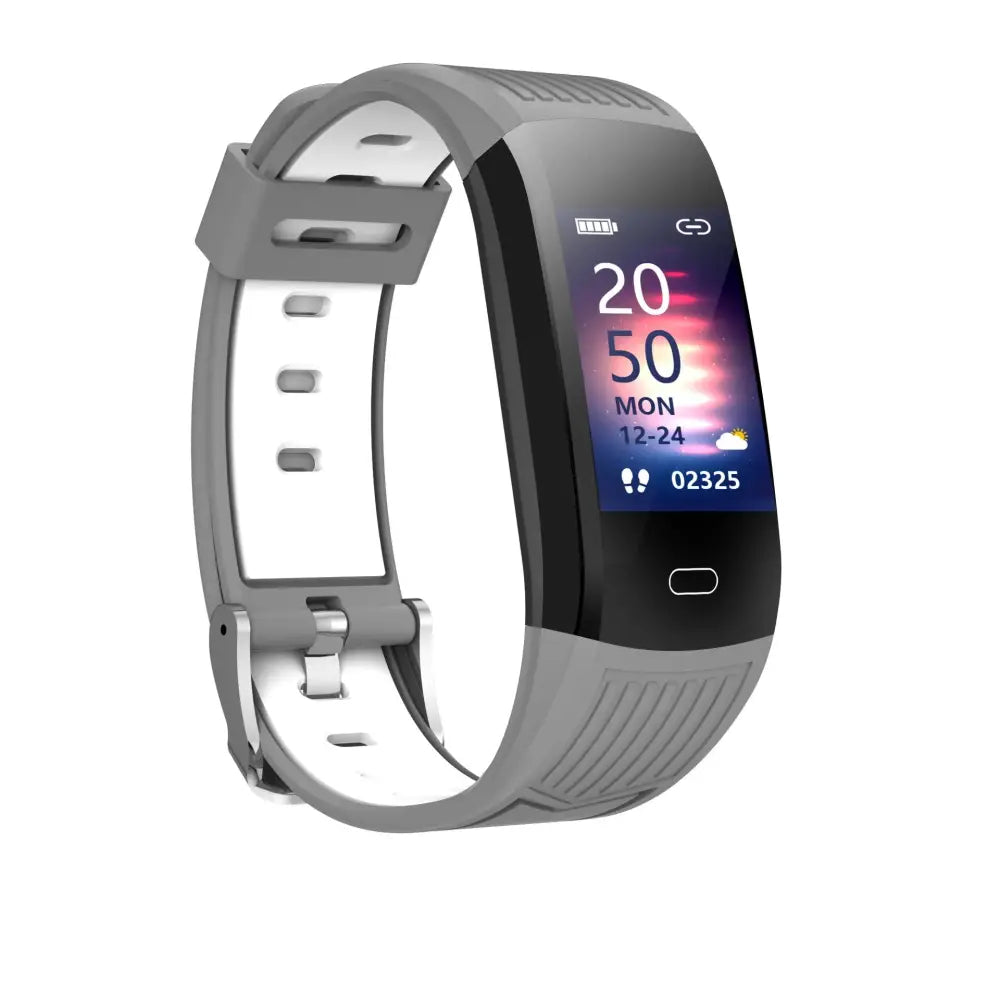 Gray and white silicone Arbaglobal waterproof fitness tracker with rectangular color touchscreen showing time and steps