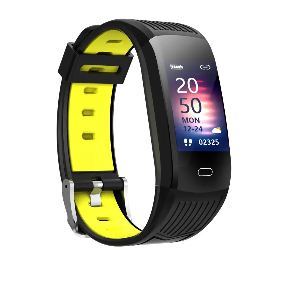 Arbaglobal waterproof color screen fitness tracker in black and neon yellow with rectangular display showing time and steps