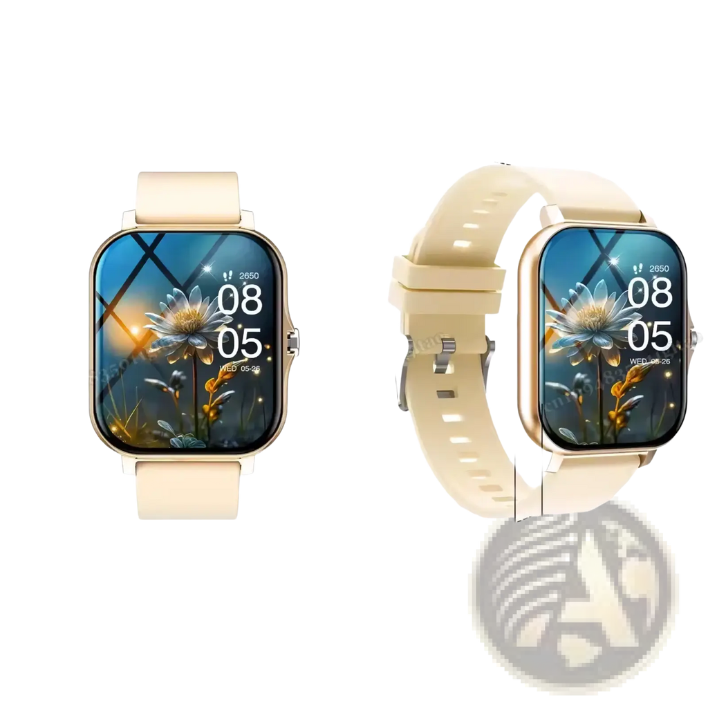 Beige silicone strap bluetooth smart watch 2.01 hd fitness tracker with rectangular screen and gold-tone bezel displaying floral wallpaper