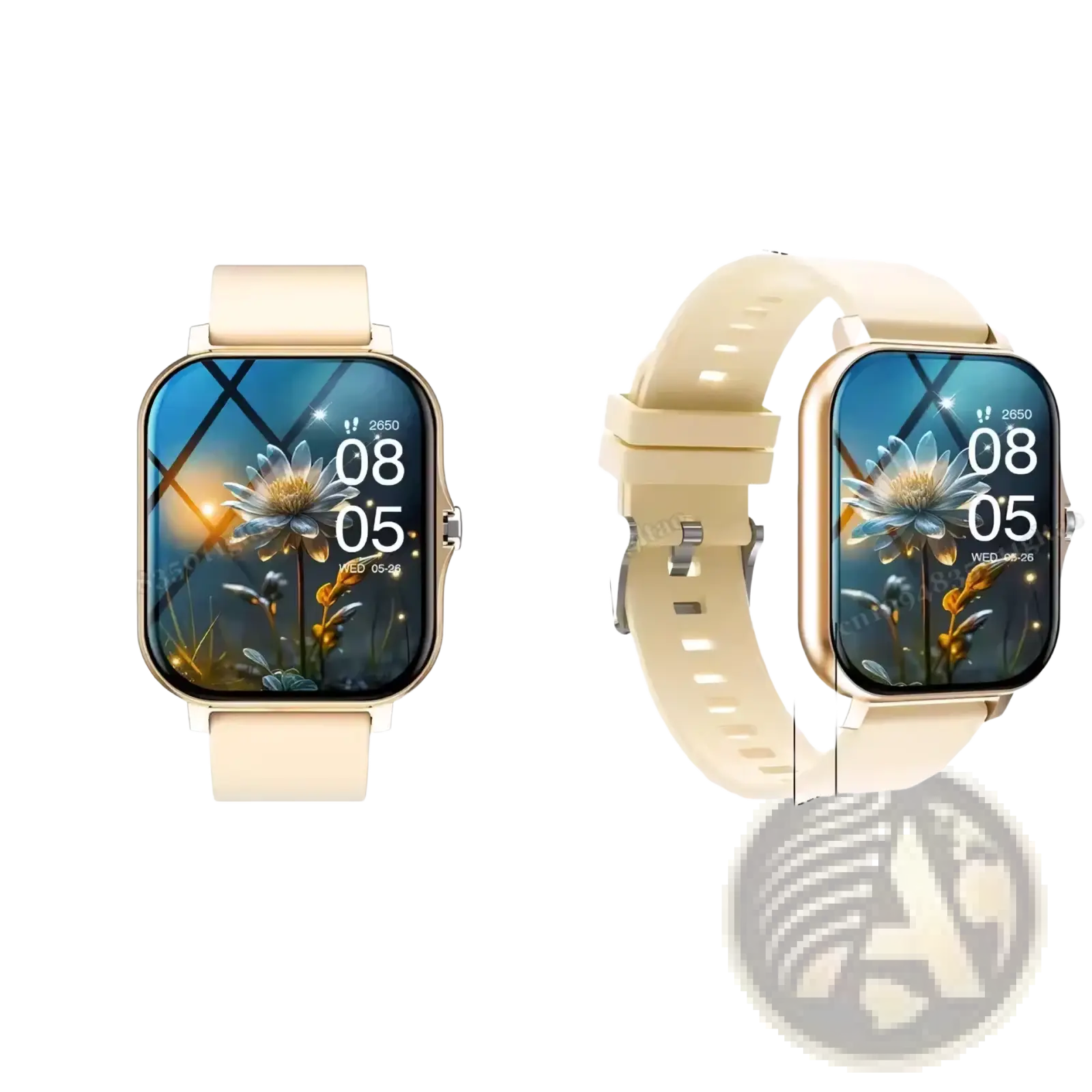 Beige silicone strap bluetooth smart watch 2.01 hd fitness tracker with rectangular screen and gold-tone bezel displaying floral wallpaper
