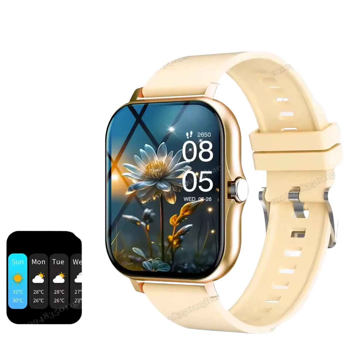 Beige silicone strap bluetooth smart watch 2 01 hd fitness tracker with gold-tone case and floral wallpaper display
