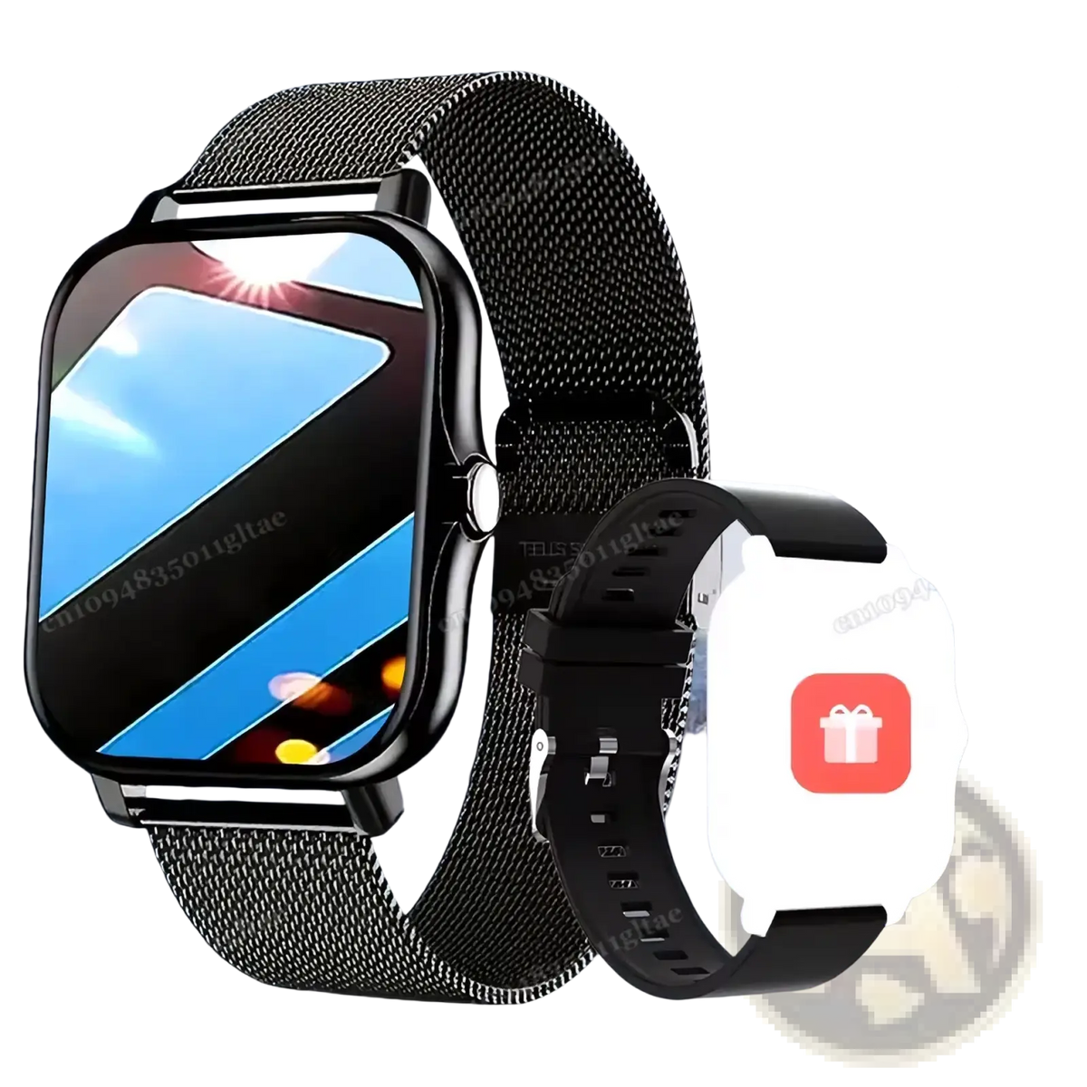Bluetooth smart watch 2.01 hd fitness tracker with black mesh band and rectangular screen showing fitness metrics and call notification
