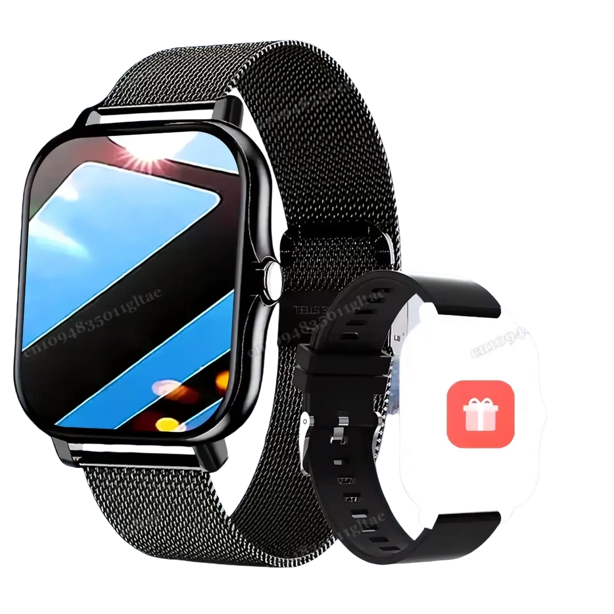 Bluetooth smart watch 2.01 hd fitness tracker with black mesh band and rectangular screen showing fitness metrics and call notification