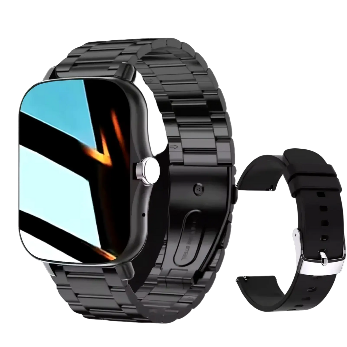Black metal-link watch band with matching black silicone strap for Bluetooth Smart Watch 2.01 HD fitness tracker
