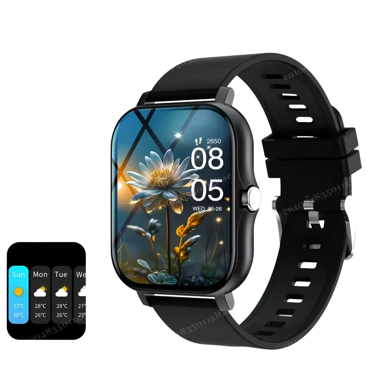 Black bluetooth smart watch 2.01 hd fitness tracker with rectangular screen displaying floral design and black silicone strap
