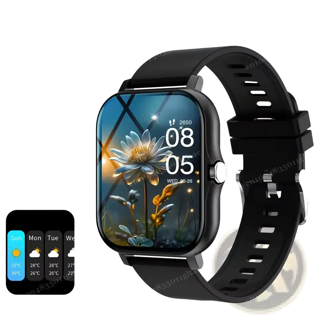 Bluetooth smart watch 2.01 hd fitness tracker with rectangular floral display black silicone strap and sleek design