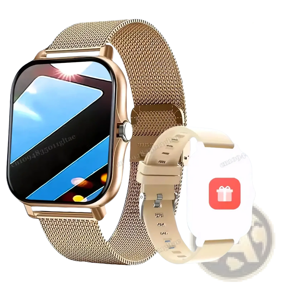 Bluetooth smart watch 2.01 hd fitness tracker with gold-tone mesh band and rectangular screen showing cycling metrics and call