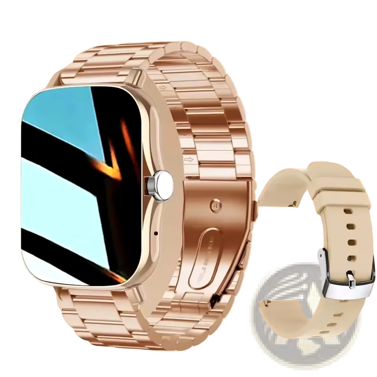 Bluetooth Smart Watch 2.01 HD fitness tracker in rose gold metal-link with rectangular screen and beige silicone strap