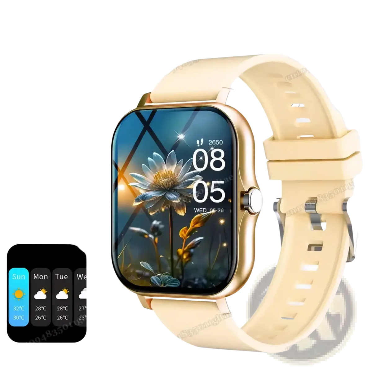 Beige silicone strap bluetooth smart watch 2 01 hd fitness tracker with gold-tone case and floral wallpaper display