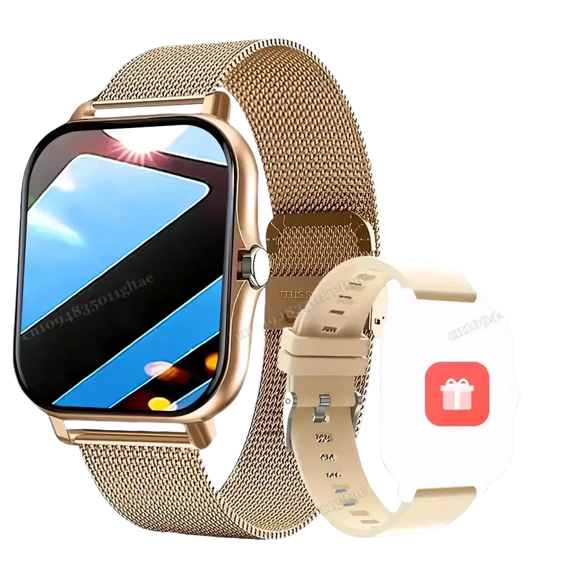 Bluetooth smart watch 2.01 hd fitness tracker with gold-tone mesh band and rectangular screen showing cycling metrics and call