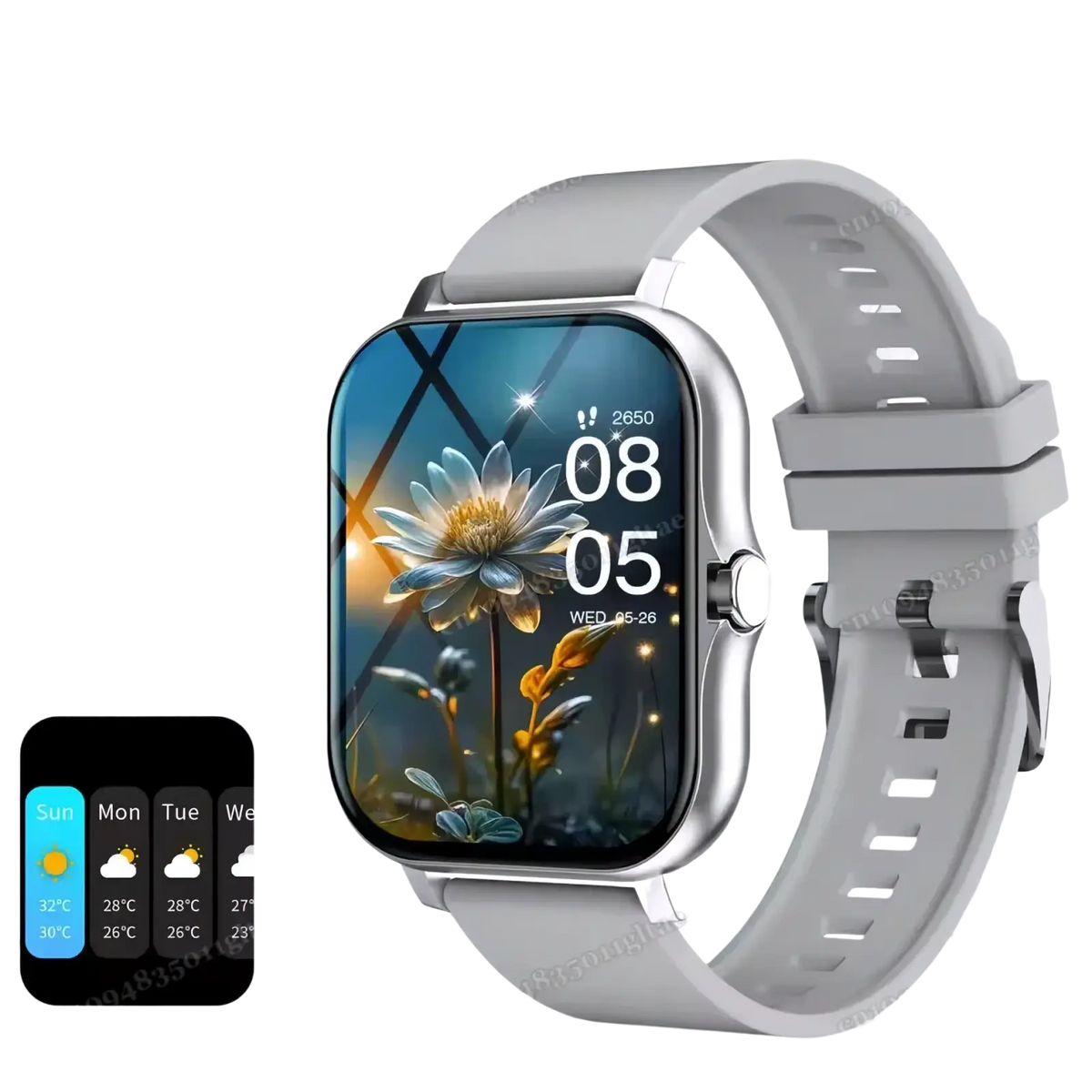 Bluetooth smart watch 201 hd fitness tracker with gray silicone strap silver case and floral wallpaper display