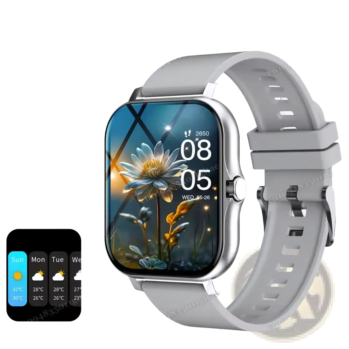 Bluetooth smart watch 201 hd fitness tracker with gray silicone strap silver case and floral wallpaper display
