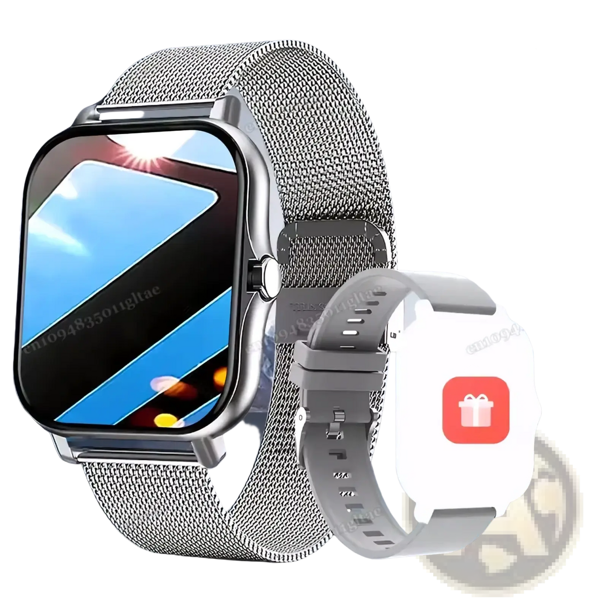 Bluetooth smart watch 201 hd fitness tracker with silver mesh band and rectangular screen showing cycling metrics and call alert