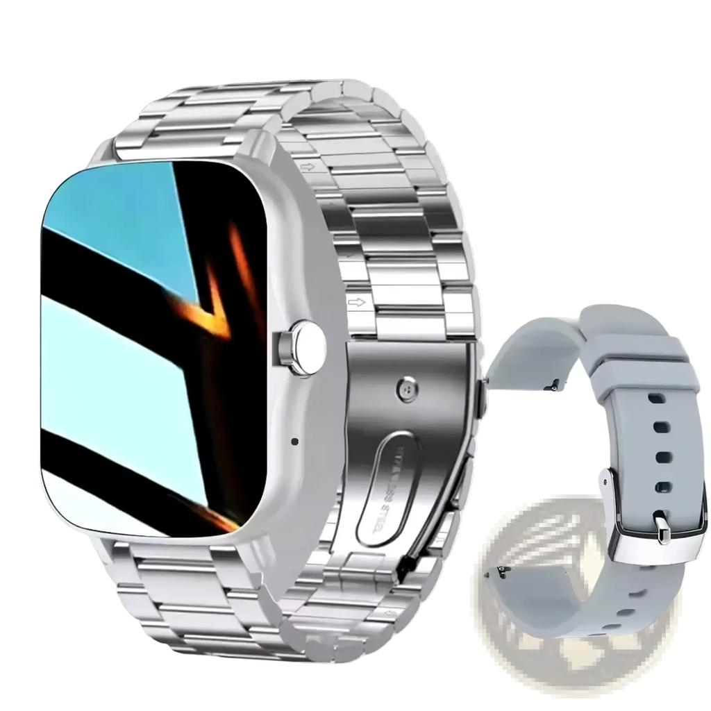 Bluetooth smart watch 2.01 hd fitness tracker with silver metallic rectangular face and link bracelet plus gray silicone strap