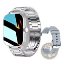 Bluetooth smart watch 2.01 hd fitness tracker with silver metallic rectangular face and link bracelet plus gray silicone strap