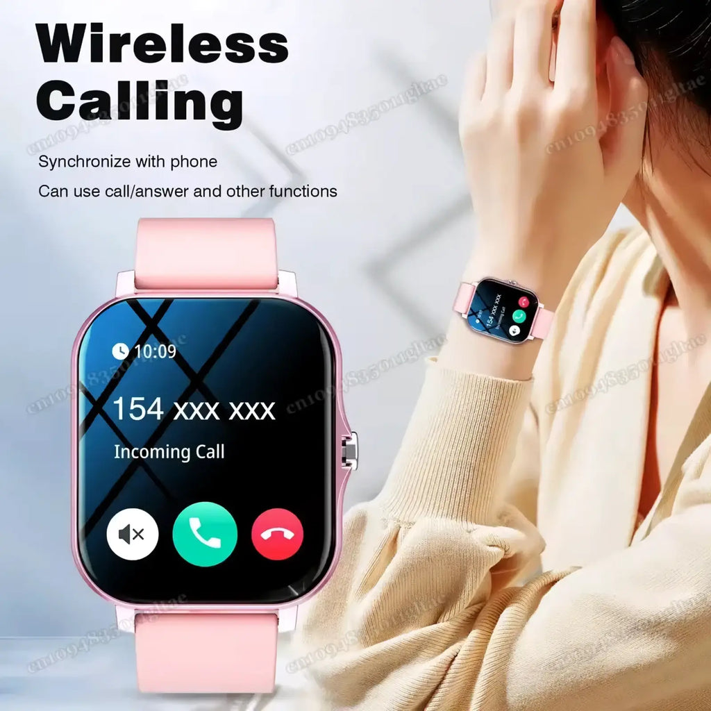Bluetooth smart watch 2.01 hd fitness tracker with pink silicone strap and rectangular screen showing incoming call