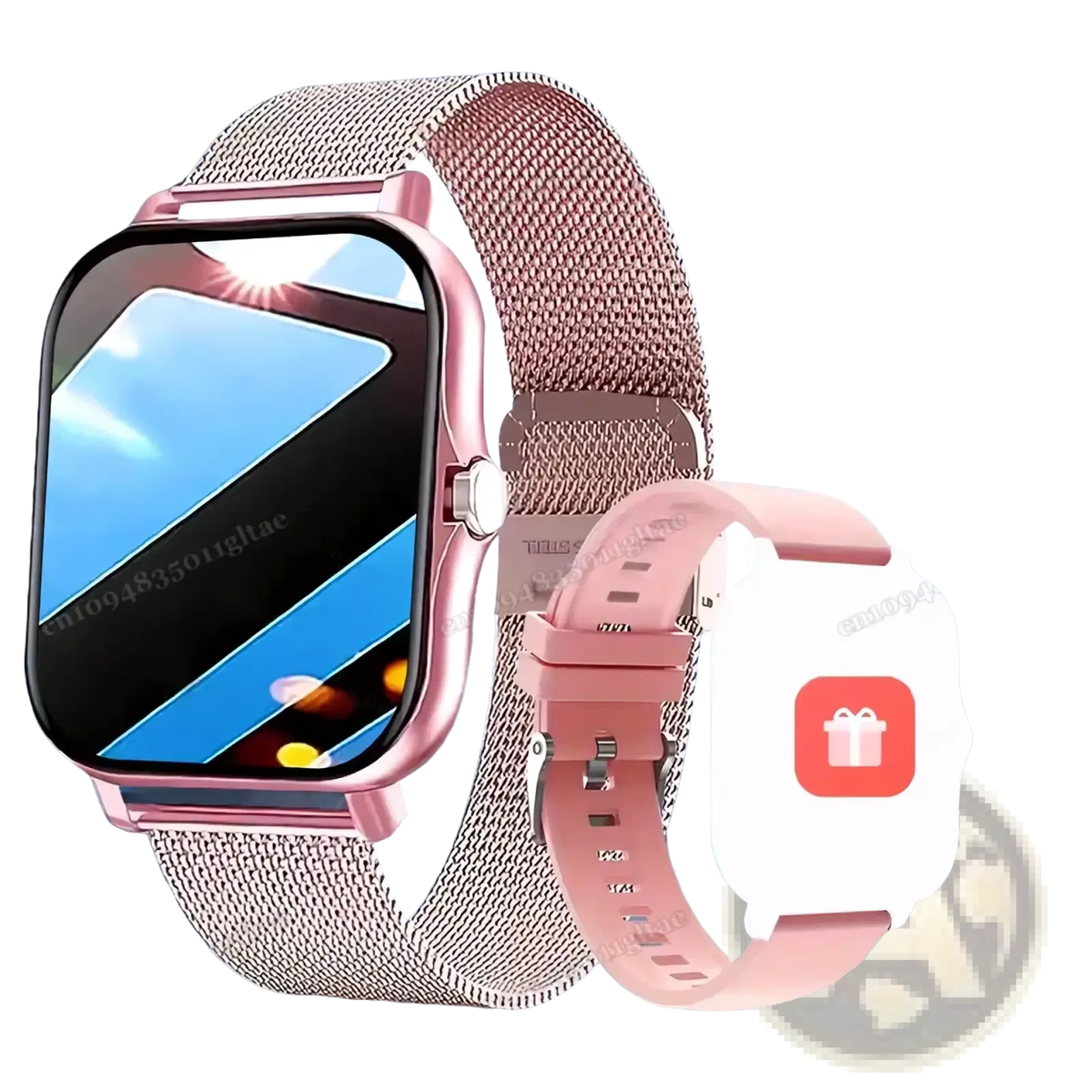 Bluetooth smart watch 2.01 hd fitness tracker with rose gold mesh band and matching case plus pink silicone strap alternative