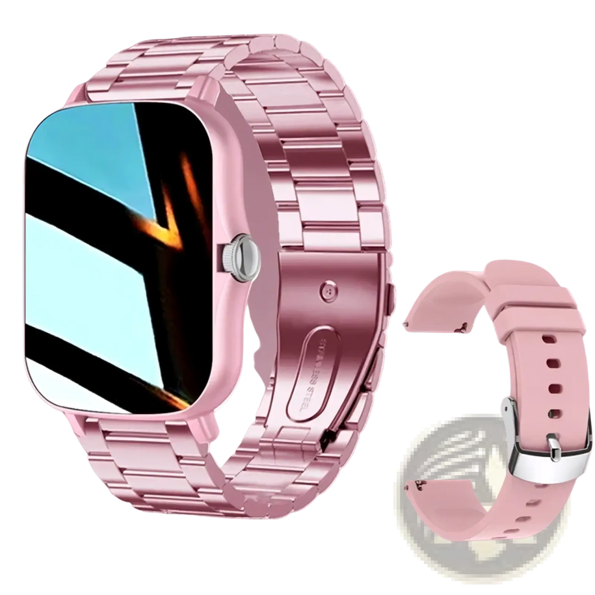 Bluetooth smart watch 2.01 HD fitness tracker with rose gold metallic link band and separate pink silicone strap