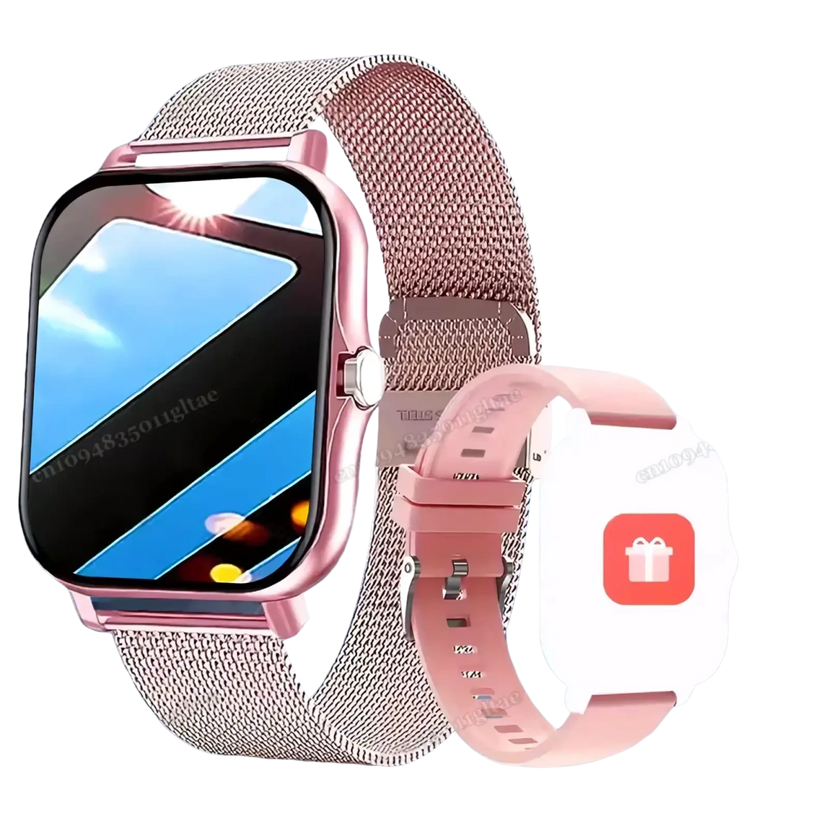 Bluetooth smart watch 2.01 hd fitness tracker with rose gold mesh band and matching case plus pink silicone strap alternative