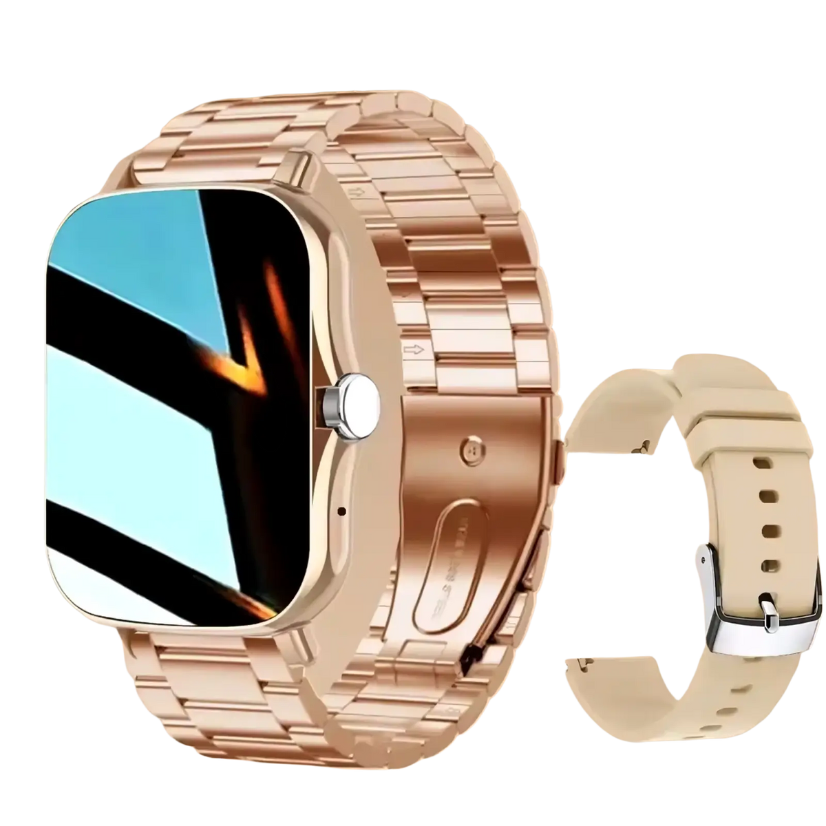 Bluetooth Smart Watch 2.01 HD fitness tracker in rose gold metal-link with rectangular screen and beige silicone strap
