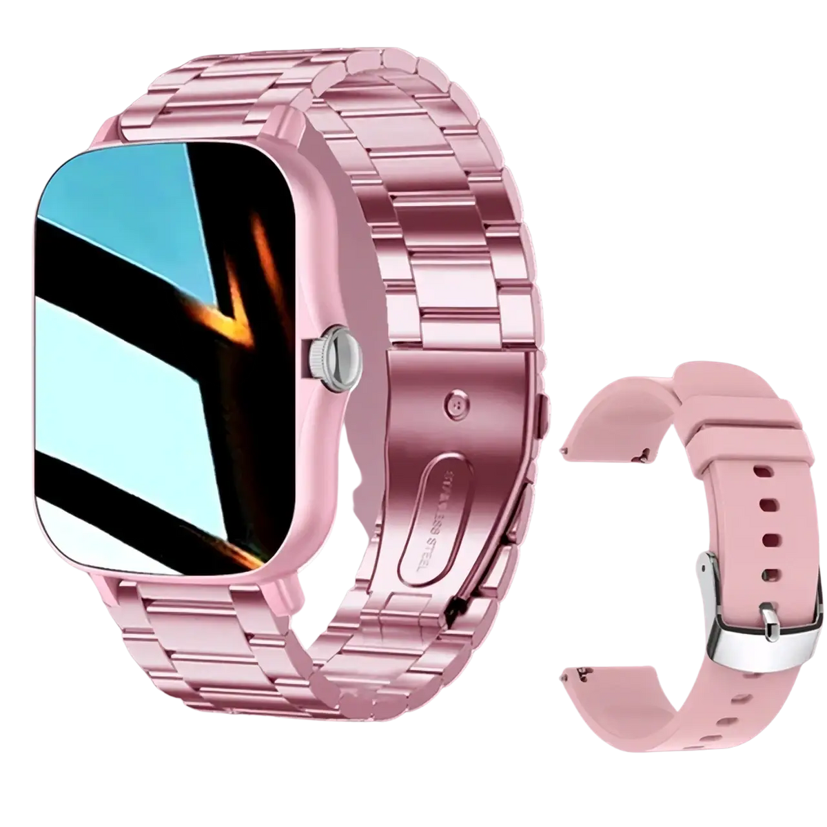 Bluetooth smart watch 2.01 HD fitness tracker with rose gold metallic link band and separate pink silicone strap