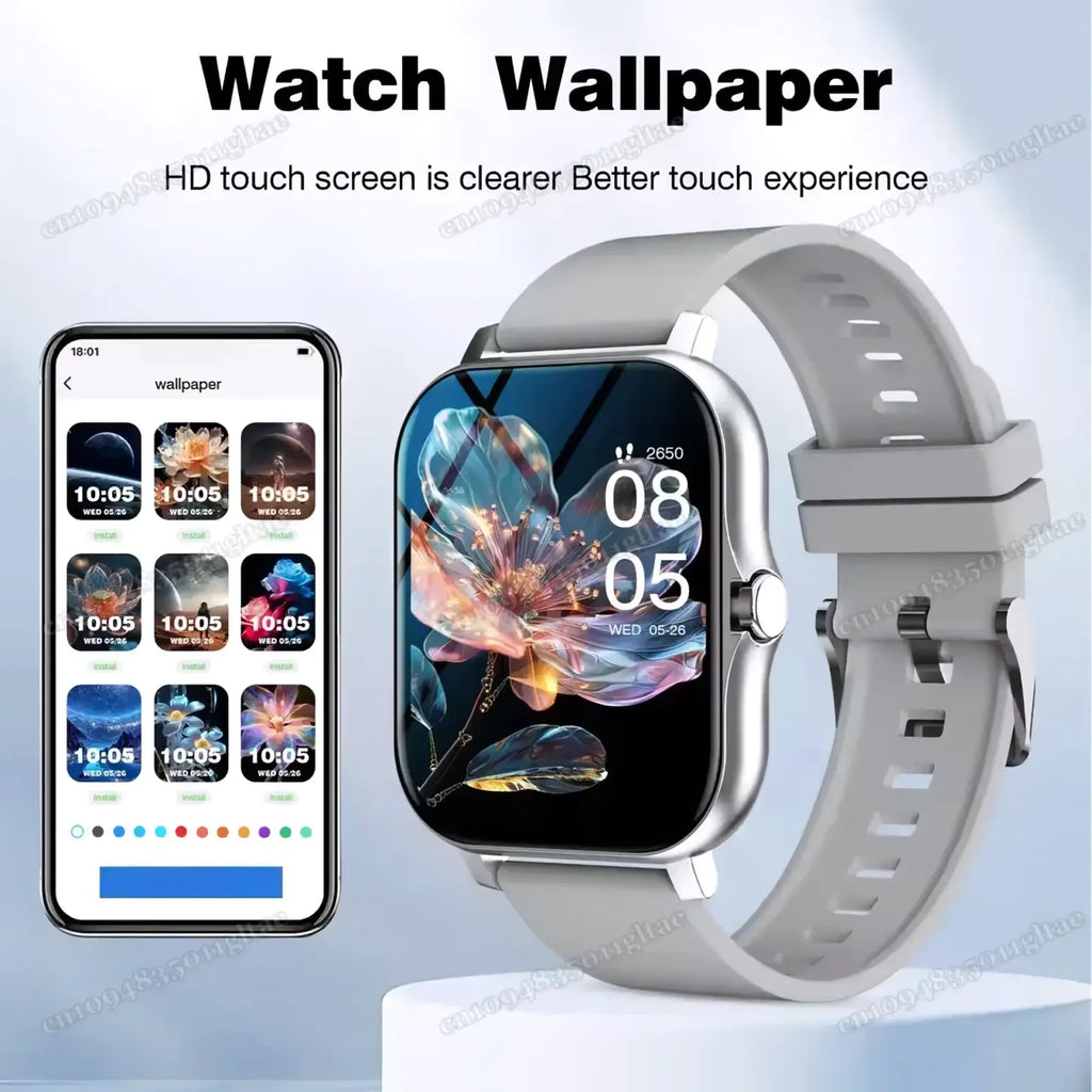 Bluetooth smart watch 2.01 hd fitness tracker with silver frame light gray silicone strap and vibrant floral hd touchscreen