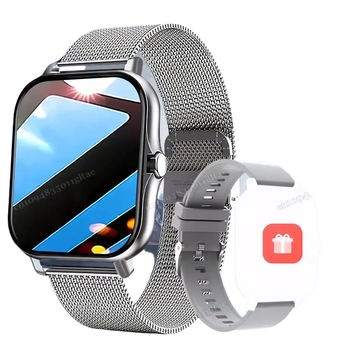 Bluetooth smart watch 201 hd fitness tracker with silver mesh band and rectangular screen showing cycling metrics and call alert