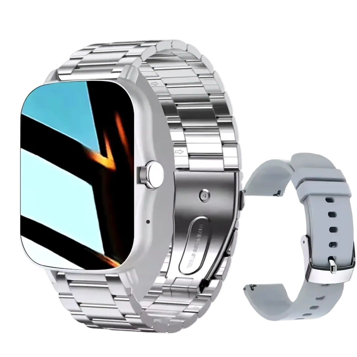 Bluetooth smart watch 2.01 hd fitness tracker with silver metallic rectangular face and link bracelet plus gray silicone strap