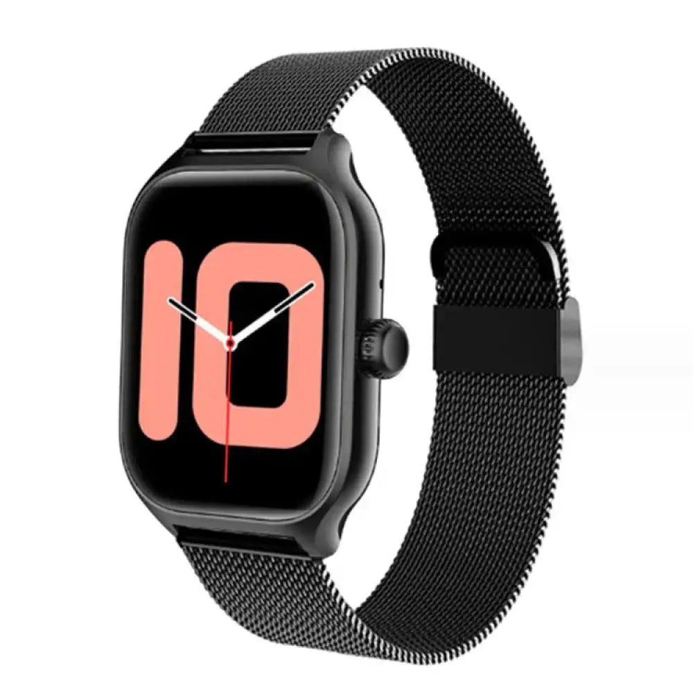 Black mesh watch band with sleek design and matching black case for full touch screen smart watch with heart rate monitor