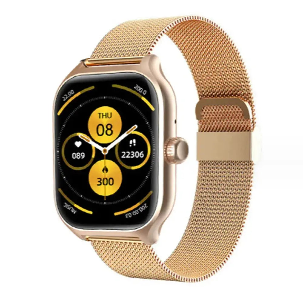Full touch screen smartwatch with heart rate monitor featuring a gold-tone mesh band and yellow data widgets on screen